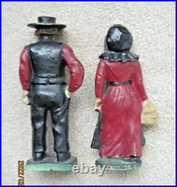 Antique Pair Wilton Cast Iron Amish Man Woman Door Stops Full Figure Ex Color