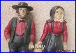Antique Pair Wilton Cast Iron Amish Man Woman Door Stops Full Figure Ex Color
