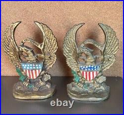 Antique Patriotic Cast Iron Figural Gold American Flag & Eagle Painted Book Ends