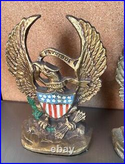 Antique Patriotic Cast Iron Figural Gold American Flag & Eagle Painted Book Ends