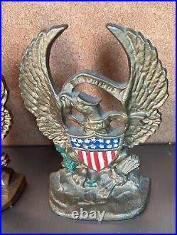 Antique Patriotic Cast Iron Figural Gold American Flag & Eagle Painted Book Ends