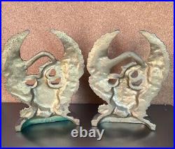 Antique Patriotic Cast Iron Figural Gold American Flag & Eagle Painted Book Ends