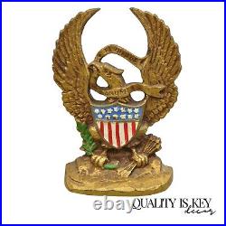 Antique Patriotic Cast Iron Figural Gold American Flag & Eagle Painted Door Stop