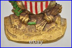 Antique Patriotic Cast Iron Figural Gold American Flag & Eagle Painted Door Stop