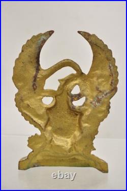 Antique Patriotic Cast Iron Figural Gold American Flag & Eagle Painted Door Stop