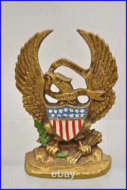 Antique Patriotic Cast Iron Figural Gold American Flag & Eagle Painted Door Stop