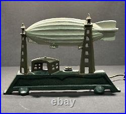 Antique RARE Schylling USA Graf Zeppelin Air Ship Cast-Iron Lamp/Doorstop WORKS