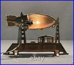 Antique RARE Schylling USA Graf Zeppelin Air Ship Cast-Iron Lamp/Doorstop WORKS