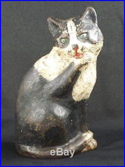 Antique Sitting Cat Licking Paw Cast Iron Metal Art Figural Doorstop Waverly