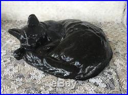Antique Sleeping Curled Cat Kitten Cast Iron Metal Statue Doorstop Life Size 13