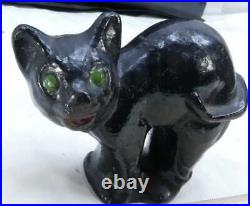 Antique Small Cast Iron Black Halloween Cat Toy Statue Sculpture Doorstop Hubley