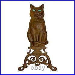 Antique Tall 16.5 Cast Iron Figural Cat Door Stop Andiron With Blue Glass Eyes