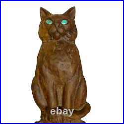 Antique Tall 16.5 Cast Iron Figural Cat Door Stop Andiron With Blue Glass Eyes