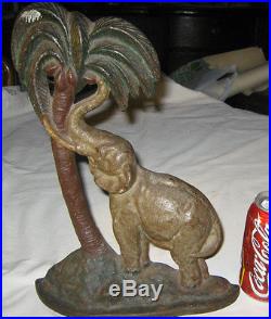 Antique USA Cast Iron Elephant Coconut Tree Art Statue Sculpture Doorstop Hubley