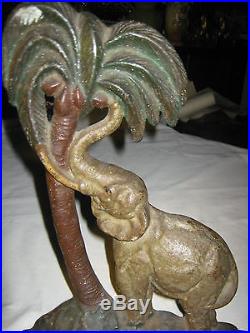 Antique USA Cast Iron Elephant Coconut Tree Art Statue Sculpture Doorstop Hubley