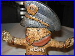 Antique USA Police Boy Badge Whistle Dog Cast Iron Statue Doorstop Hubley Pa Toy