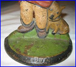 Antique USA Police Boy Badge Whistle Dog Cast Iron Statue Doorstop Hubley Pa Toy