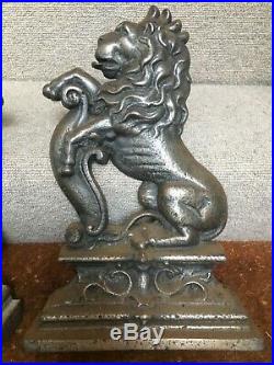 Antique Victorian 19thC cast iron imposing sejant lion doorstops 36cm 4.5kg each