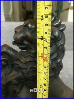 Antique Victorian 19thC cast iron imposing sejant lion doorstops 36cm 4.5kg each