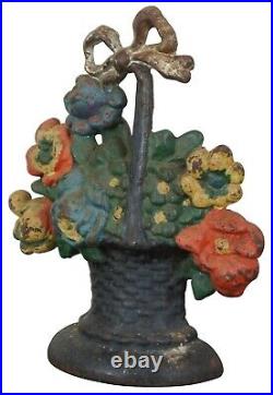 Antique Victorian 6 lb Cast Iron Flower Basket Bouquet Door Stop Americana 8