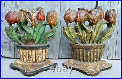 Antique Victorian Albany Foundry Painted Cast Iron Tulips Urns Doorstops 2 Avail