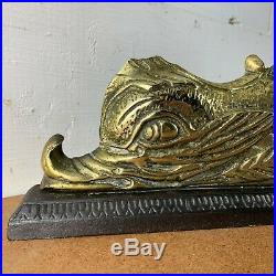 Antique Victorian Brass Mythical Fish Door Stop with Cast Iron Plinth