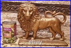 Antique Victorian Heavy Gold Cast Iron Lion Door Stop Statue