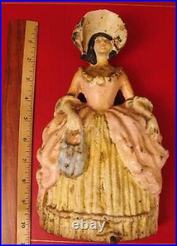 Antique Victorian Lady In Long Dress Hand Painted Cast Iron Heavy Door Stop