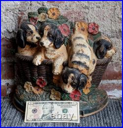 Antique Victorian Vtg Saint Bernard Puppy Flower Cast Iron C/I Figural Door Stop