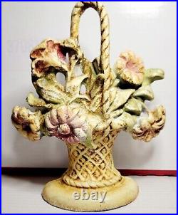 Antique Vintage Cast Iron Door Stop Flower Basket Size 10 X 8 Inches Nice Patina