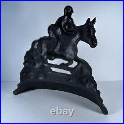 Antique Vintage Cast Iron Metal Figural Jockey Horse Door Stop Decor 12 RARE