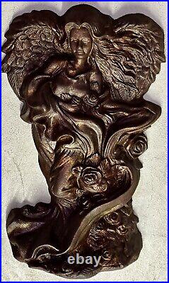 Antique Vintage Heavy Cast Iron Angel With Roses Design Door Stopper Book End