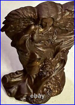 Antique Vintage Heavy Cast Iron Angel With Roses Design Door Stopper Book End