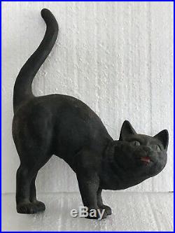 Antique / Vintage Hubley Black Cat Cast Iron Door Stop Arched Back Green Eyes
