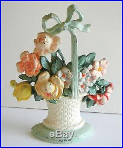 Antique Vintage Original Hubley Cast Iron #121 Floral Basket Of Flowers Doorstop