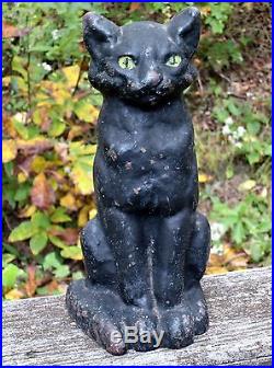 Antique Vtg Cast Iron Black Cat Green Eyes Doorstop Stopper Door Stop Statue 9