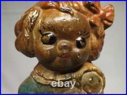 Antique all Original Little Girl with Doll Cast Iron Doorstop 9 3/4