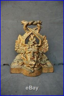 Antique cast Iron door stop Medusa head, wings & serpents Falkirk Scotland c1875