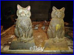 Antique vintage cast iron cat feline doorstops andirons