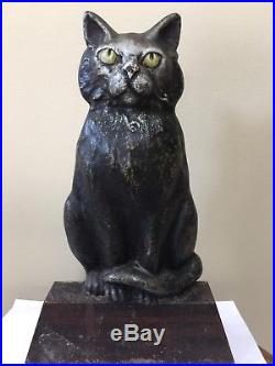 Antiques Cast Iron Sitting Cat With Green Eyes On Rectangular Base Doorstop