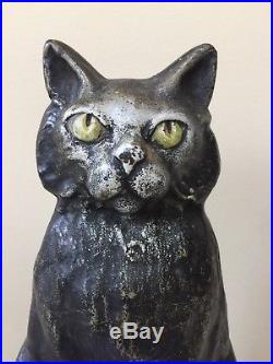 Antiques Cast Iron Sitting Cat With Green Eyes On Rectangular Base Doorstop