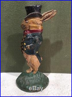 Authentic Cast Iron Rabbit With Top Hat Ears Back Doorstop Unusual Checkered Vest