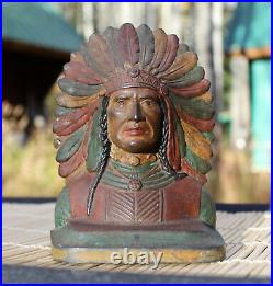 CAST IRON native american INDIAN CHIEF HEAD BOOKEND DOORSTOP ANTIQUE METALWARE
