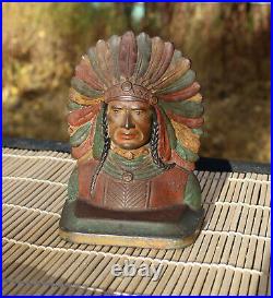 CAST IRON native american INDIAN CHIEF HEAD BOOKEND DOORSTOP ANTIQUE METALWARE