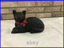 Cast Iron Black Cat Door Stop Red Bow Eyes Base 7 Long