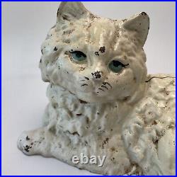 Cast Iron Figural Kitty Cat Statue Old Door Stop Vintage white with blue eyes