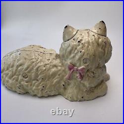Cast Iron Figural Kitty Cat Statue Old Door Stop Vintage white with blue eyes