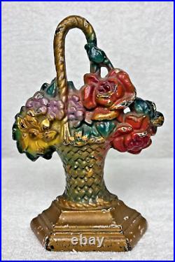 Cast iron Antique Basket of Flower Door Stop Roses Daffodil 7 1/4 Orig Paint