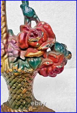 Cast iron Antique Basket of Flower Door Stop Roses Daffodil 7 1/4 Orig Paint