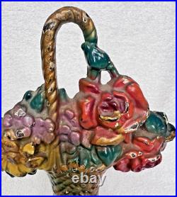 Cast iron Antique Basket of Flower Door Stop Roses Daffodil 7 1/4 Orig Paint